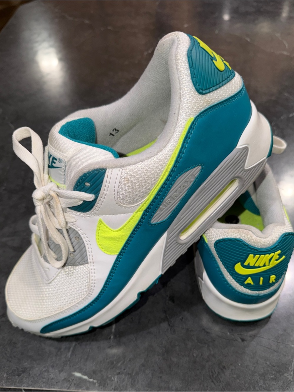 Nike Men’s “Spruce Lime” White Teal Sneakers with Neon Yellow Swoosh